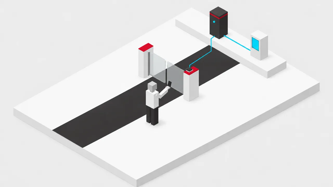 Step 2: the DeltaQuest controller sends the reader identity and the credential string along the island to the operator's PC, shown as a cyan signal, while the member waits at the closed gate
