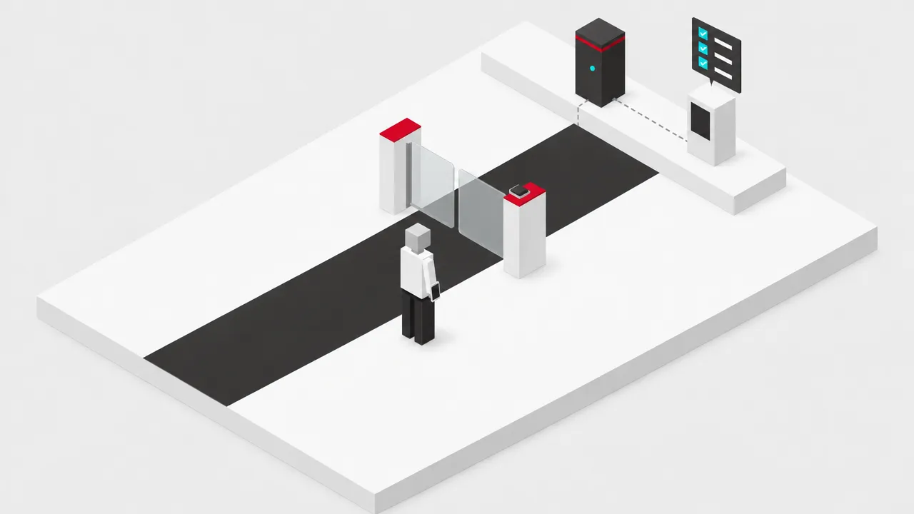 Step 3: your software checks the member against a checklist of membership active, payments up to date and allowed at this gate, while the member waits at the closed gate