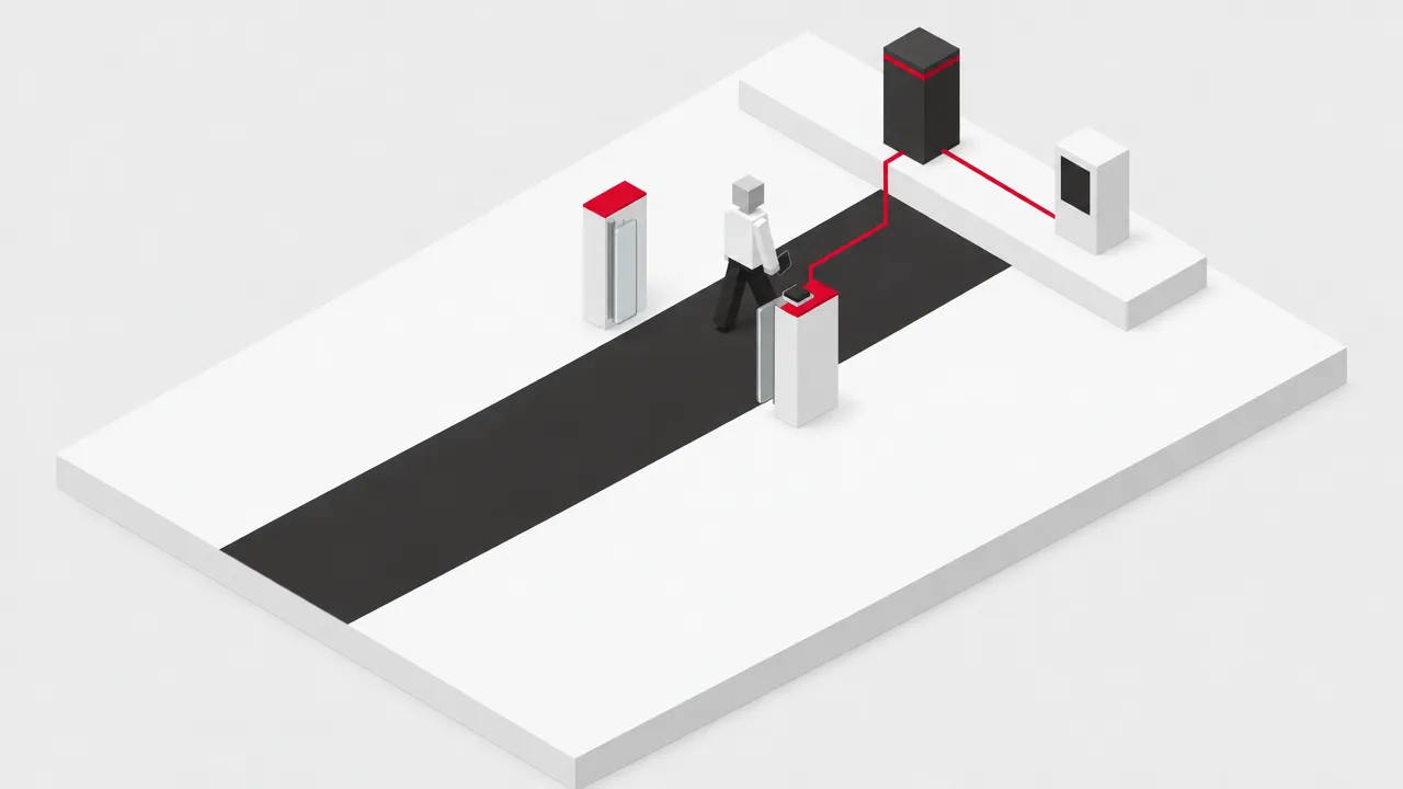 Step 4: your software answers allow, shown as a red signal back to the DeltaQuest controller and on to the gate, the glass wings open and the member walks through; the entry is logged on the operator's PC