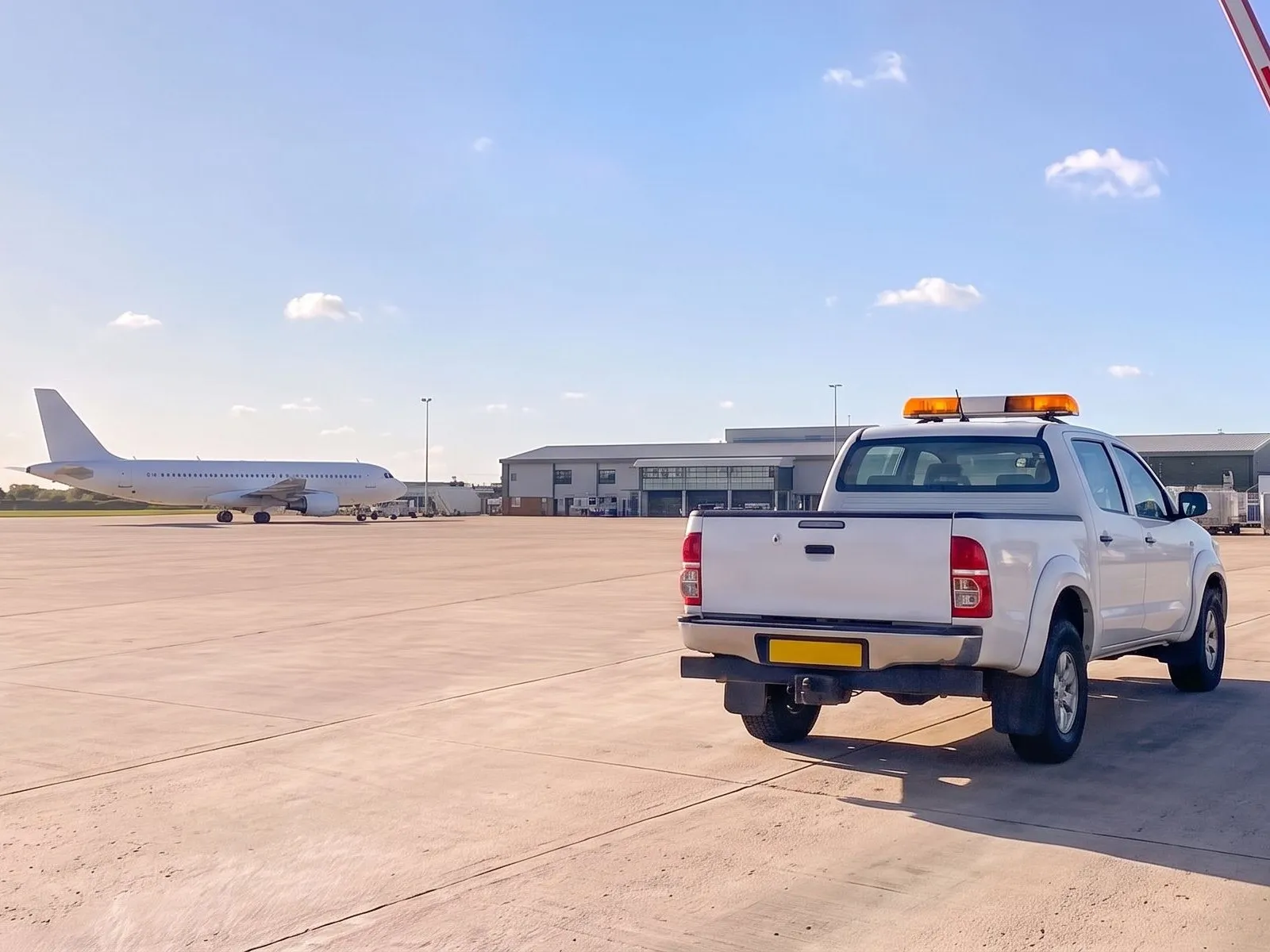 Airfield operations vehicle on an airport apron, with an airliner and the terminal beyond