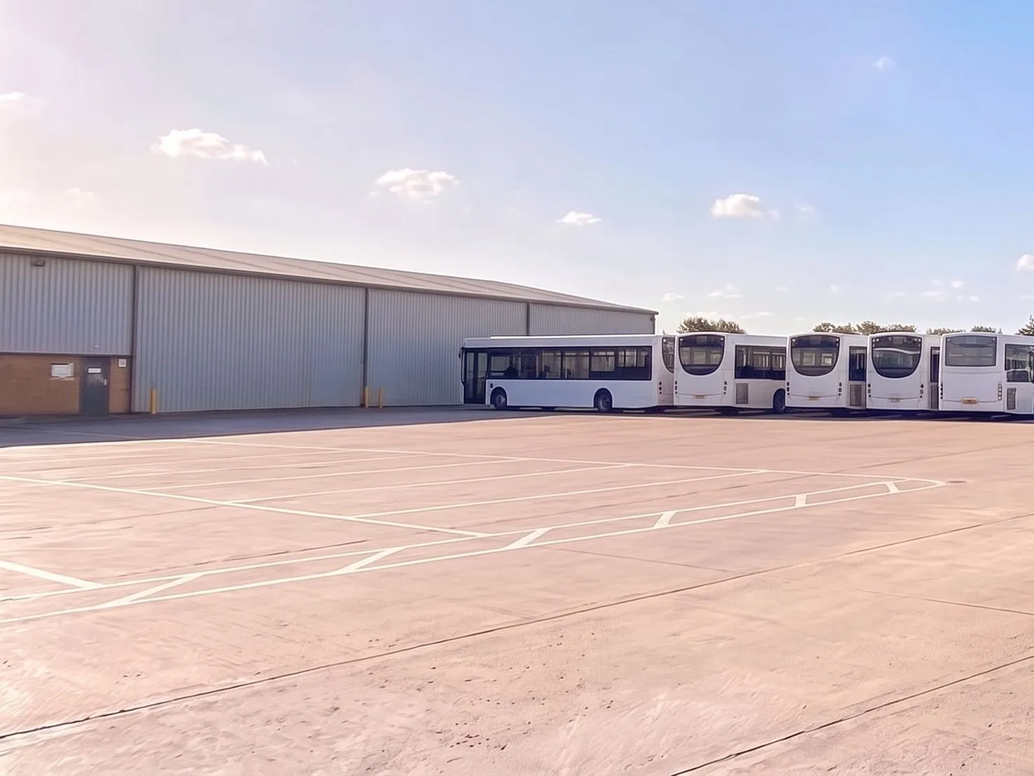 Bus depot yard with a row of parked single-deck buses in front of the depot building