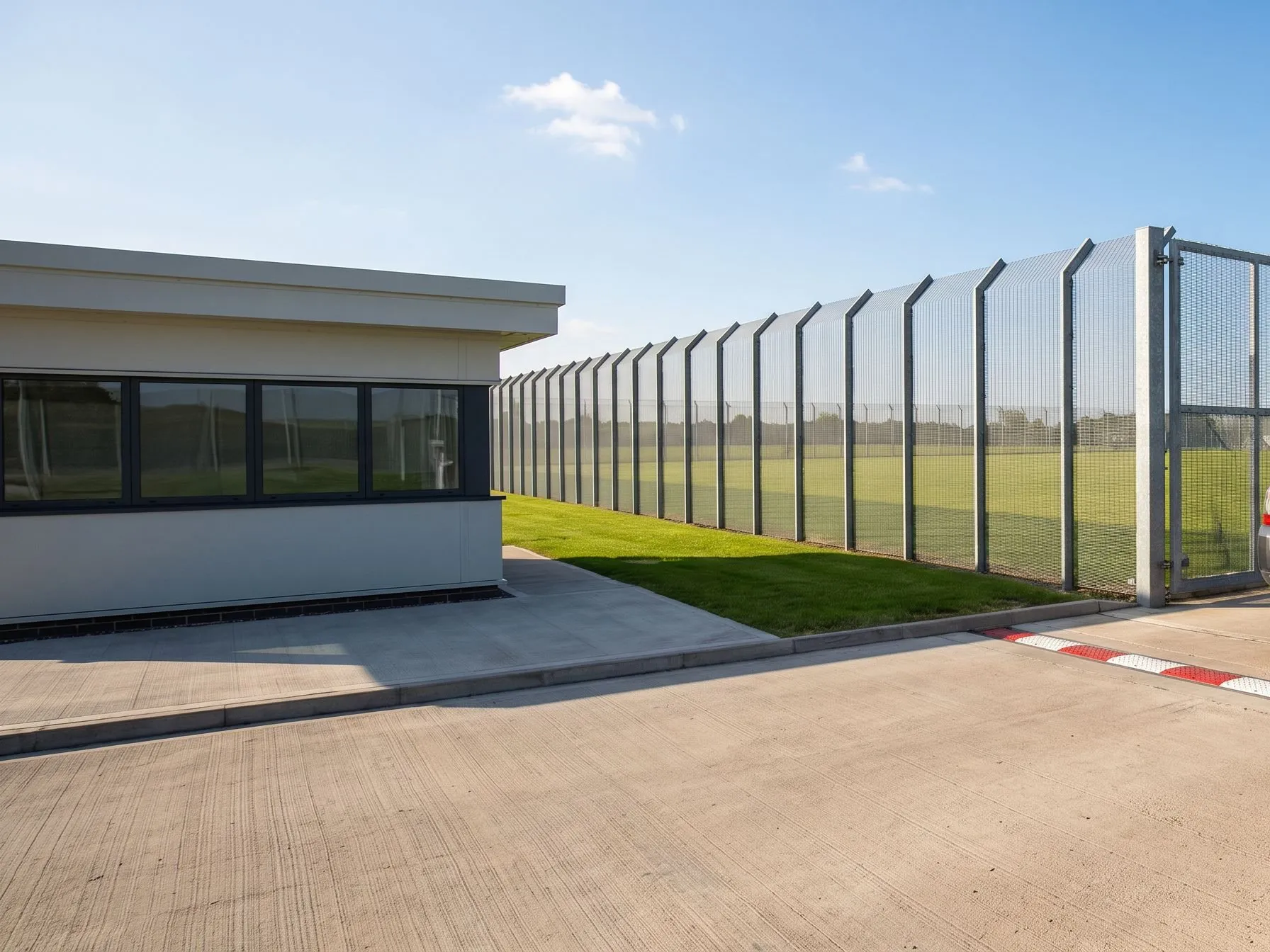 Guardroom and weldmesh perimeter fencing around a secure estate, with mown grass between the fence lines
