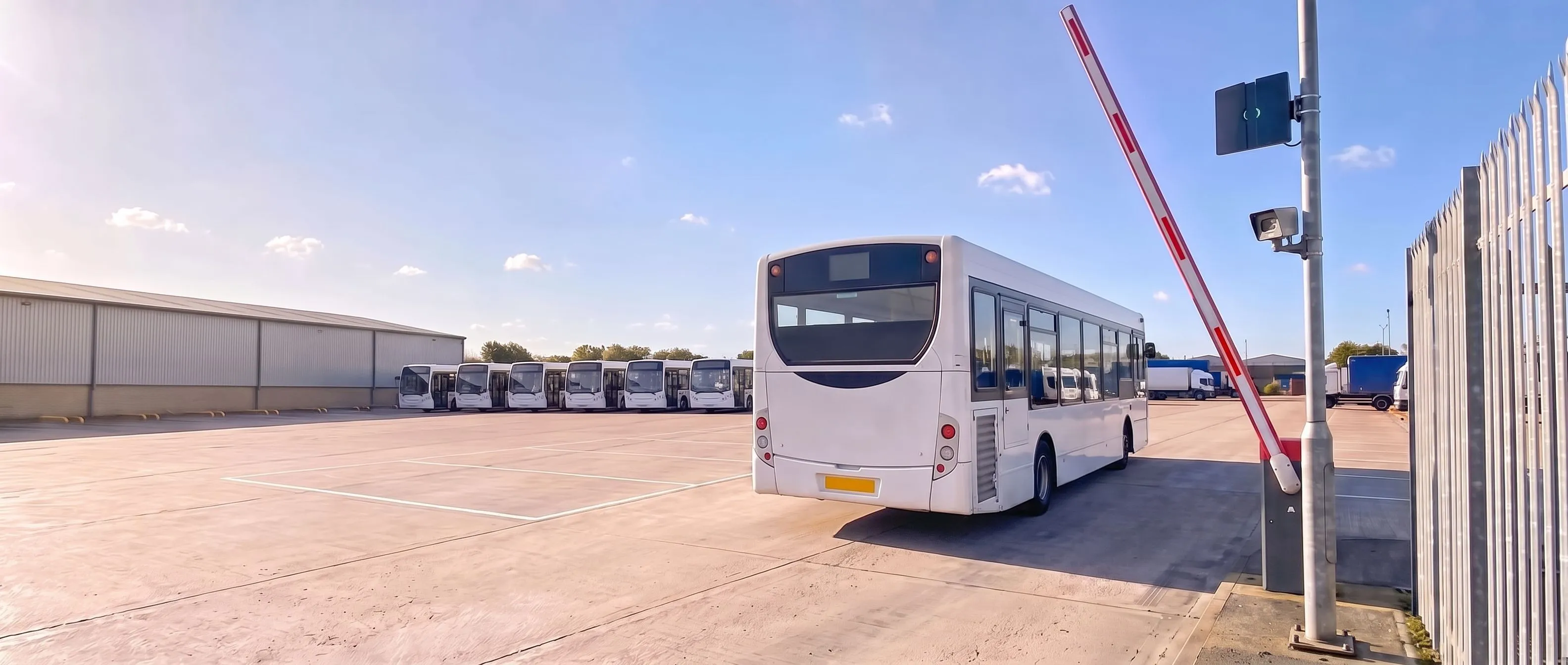 Single-deck bus driving through the raised barrier at a depot gate, with a Transit Ultimate long-range reader and a camera on the post beside it