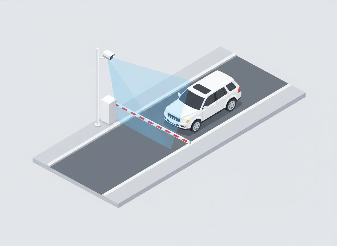 Illustration of a single-lane vehicle access control system: a camera on a pole beside a closed barrier reads a car as it approaches the barrier