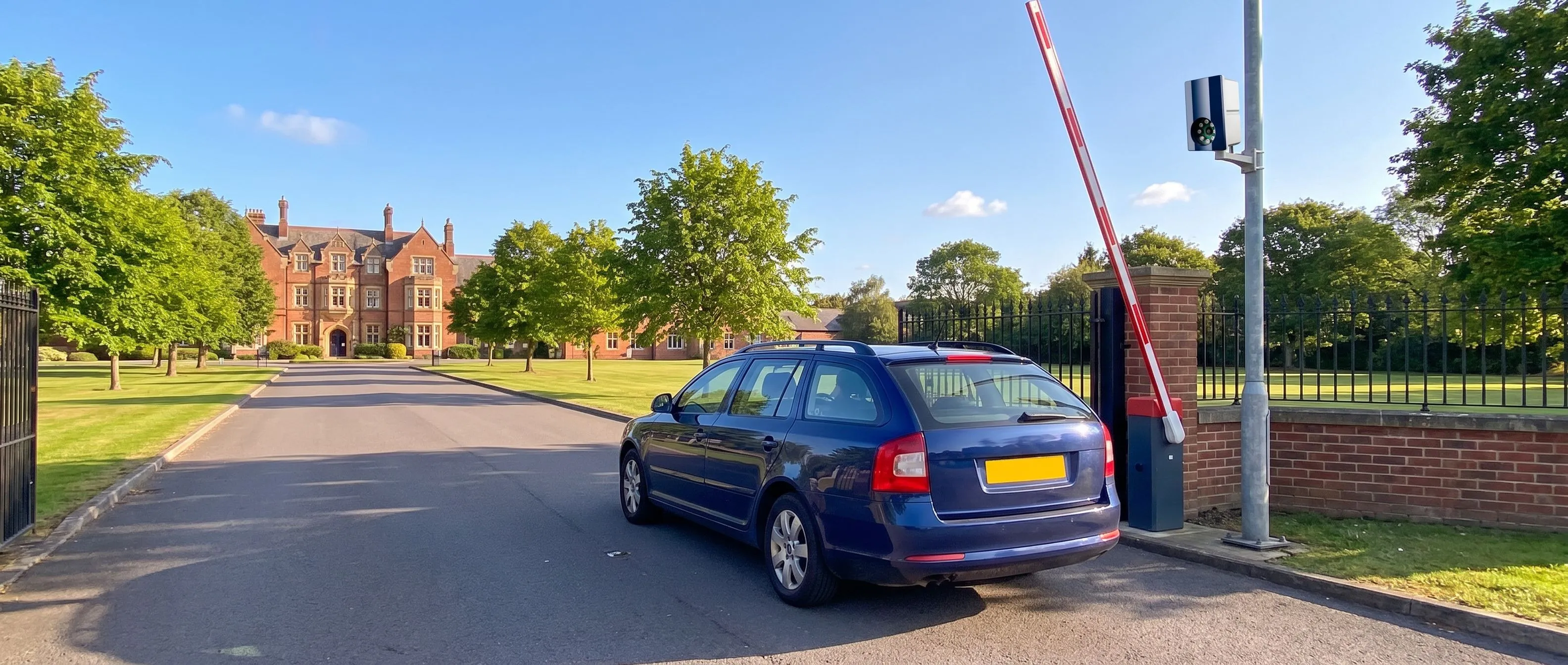 Car driving through the raised barrier at a school entrance, with an ANPR Lumo number plate camera on the post beside it