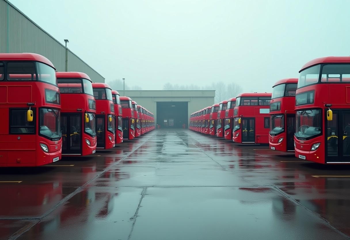 Buses parked at a depot behind an access barrier