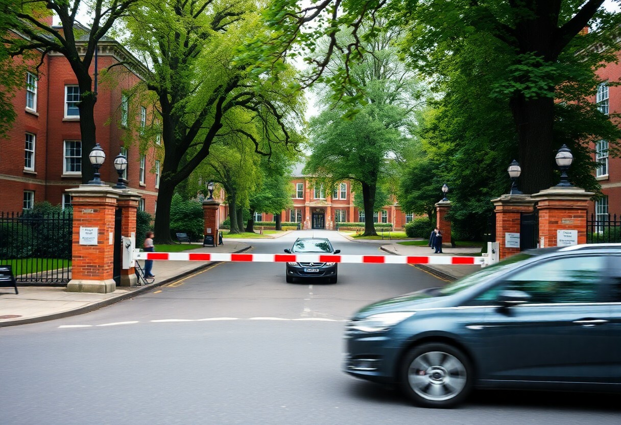 Car at a barrier gate on a university campus entrance