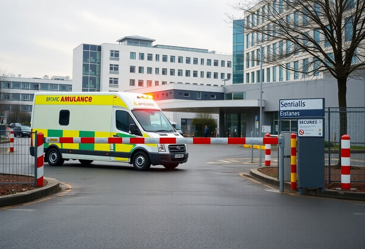 Ambulance passing a security barrier at a hospital entrance
