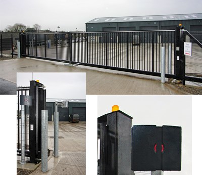 Nedap Transit long-range reader controlling sliding gates at Heron Bros
