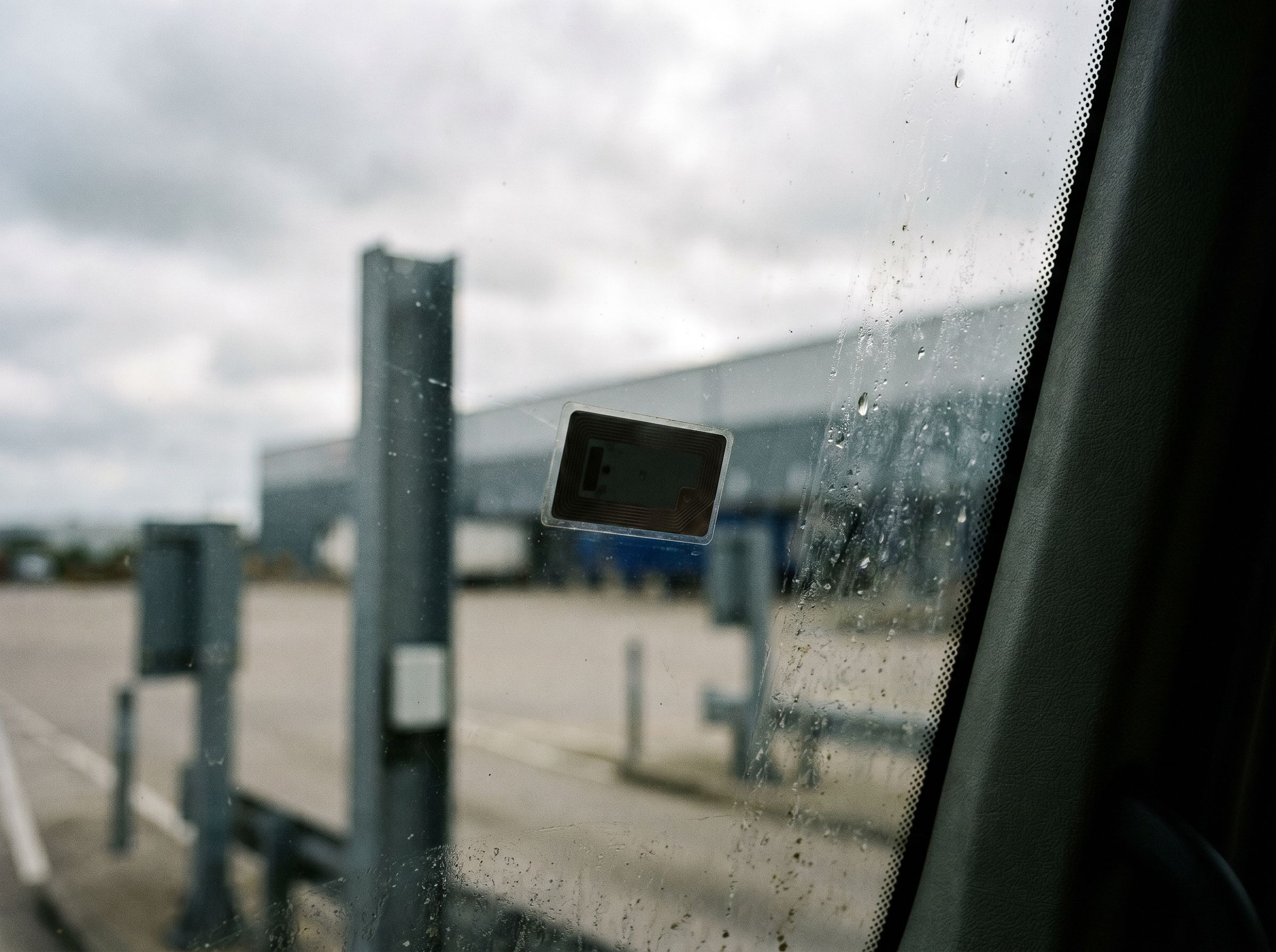 RFID windscreen tag inside an HGV cab at a logistics site