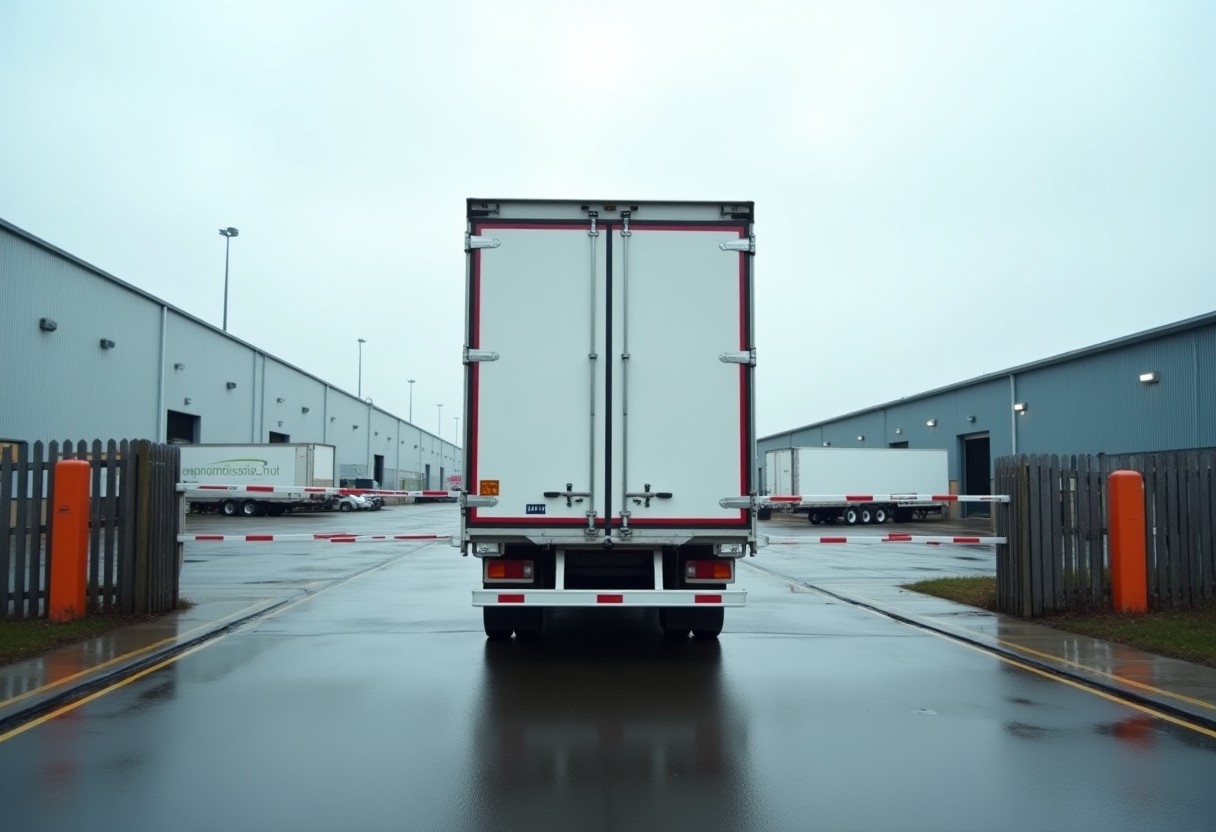 HGV at a rising barrier entering a distribution centre yard