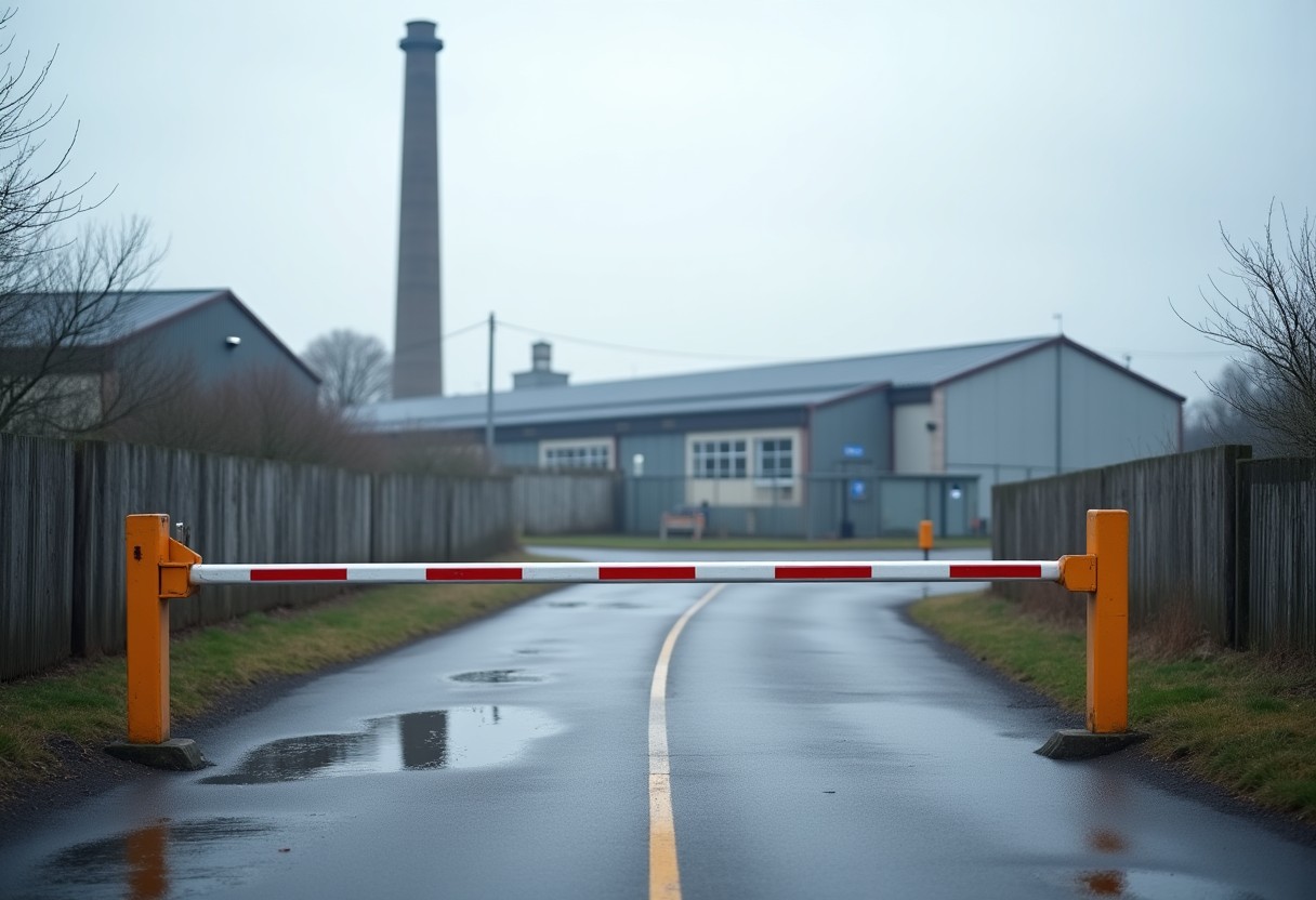 Industrial access control barrier at a factory entrance