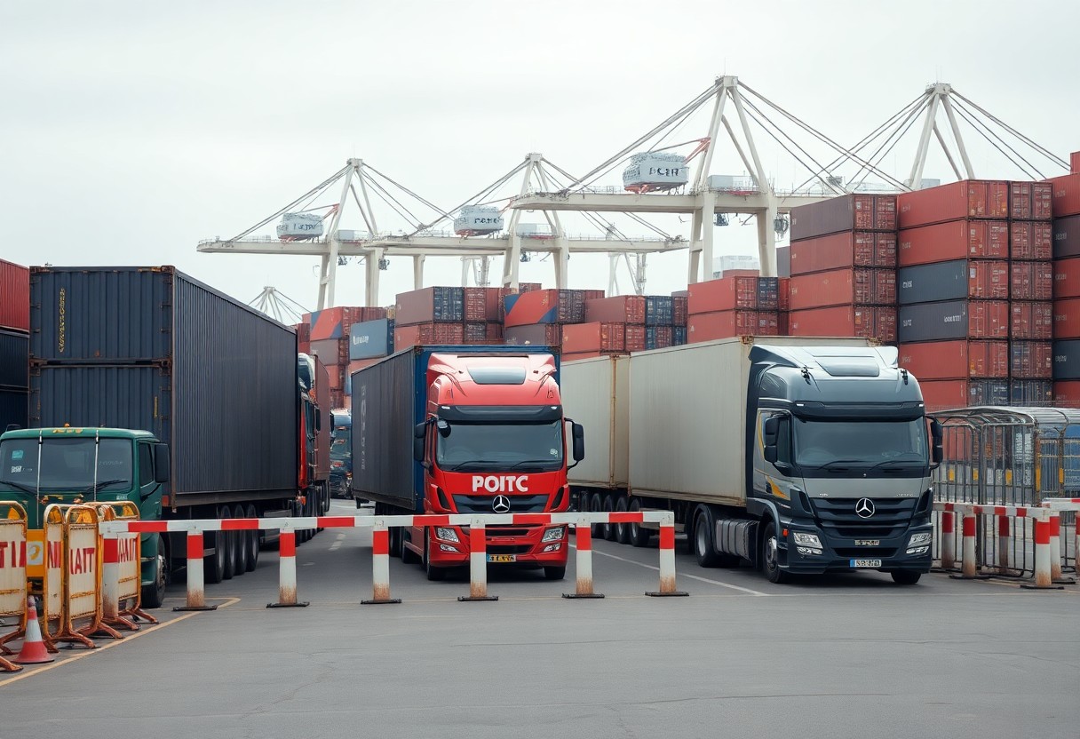 Container lorries queuing at a port terminal gate